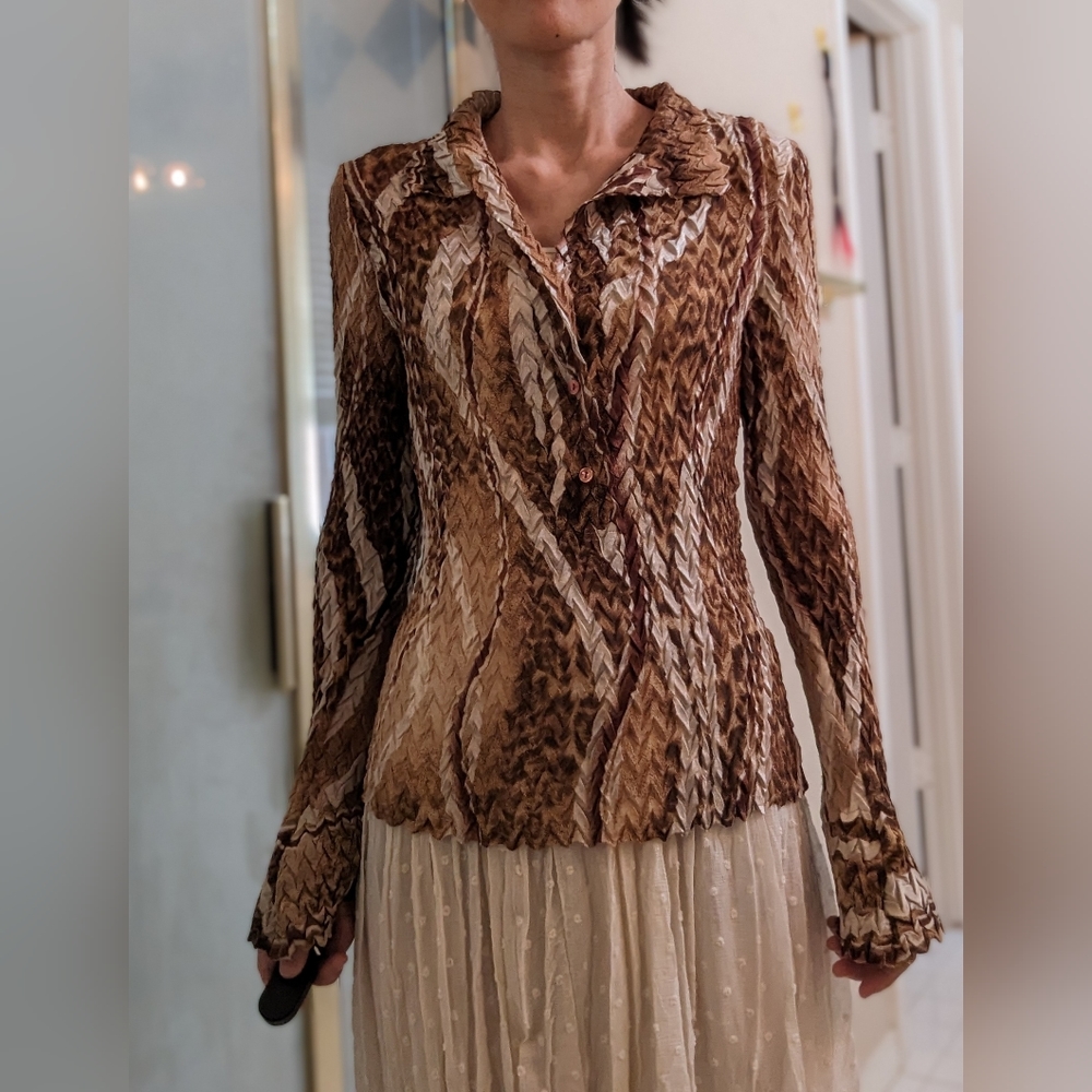 Cache Brown Crinkle Stripe Top Size Xs - image 1